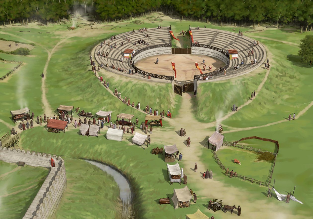 Widzowie przybywają do Silchester Roman City Amphitheater c250 AD, c1990-2010 autorstwa Peter Urmston