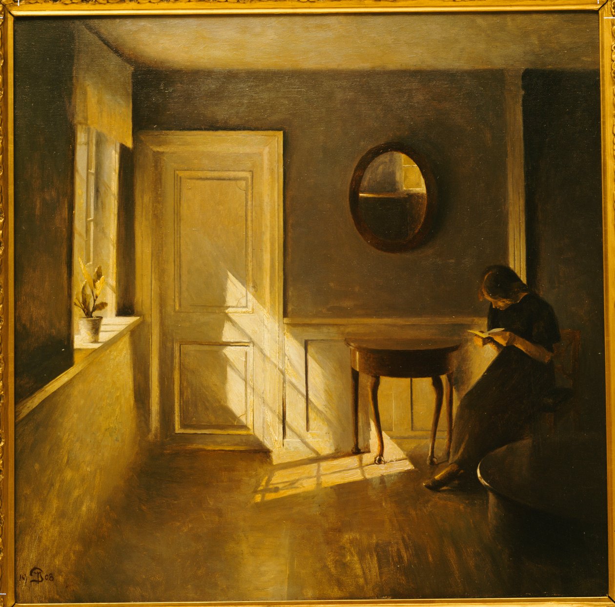 Dziewczyna czytająca we wnętrzu (olej na płótnie) autorstwa Peter Vilhelm Ilsted