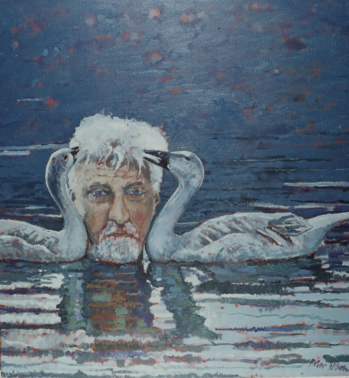 Konrad Lorenz z Goslingami, 2000 (olej na płótnie) autorstwa Peter Wilson