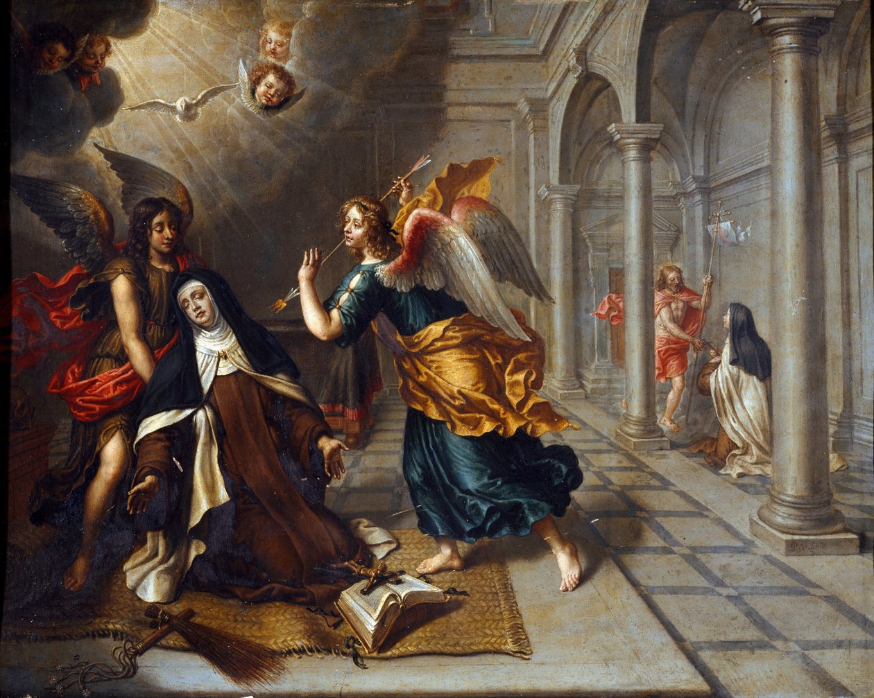 Św. Teresa z Avila (od Dzieciątka Jezus) (1515-1582) spotyka anioła, który przebija serce jego złotej zaszewki Obraz Petera Van Lindta (XVII w.) wym. 85x70 cm Geny, Galleria di Palazzo Bianco autorstwa Peter van Lint