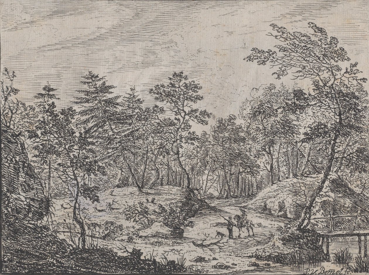Krajobraz leśny z jeźdźcem rozmawiającym z mężczyzną pośrodku, po prawej kładka, 1716 r. autorstwa Peter von Bemmel