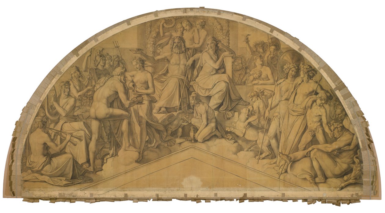 Die Aufnahme des Herakles in den Olymp, Bogenfeld. Karton zu den Deckenbildern der Münchner Glyptothek autorstwa Peter von Cornelius