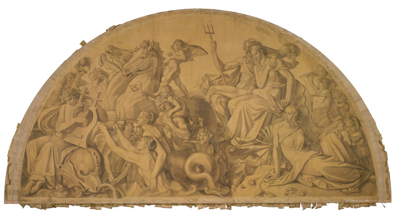 Die Wasserwelt lauscht dem Leierspiel des Arion, Bogenfeld. Karton zu den Deckenbildern der Münchner Glyptothek autorstwa Peter von Cornelius