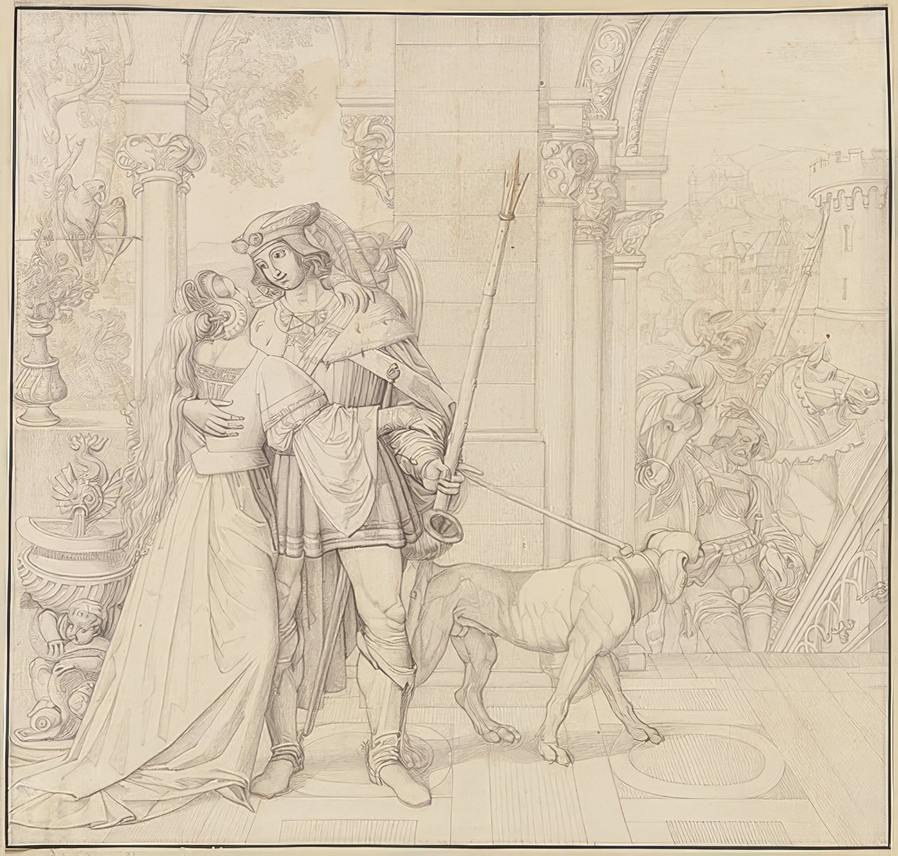 Siedem rysunków na Nibelungach: 4. Zygfryd przygotowany do polowania. 1812-17 autorstwa Peter von Cornelius