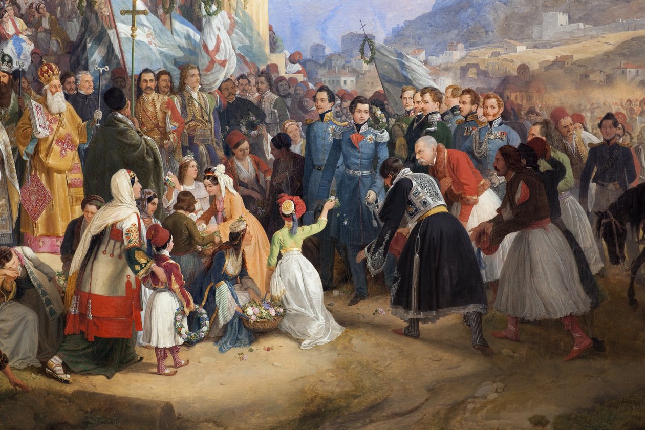 Wjazd greckiego króla Otona I (1815-1876) do Aten, witany przez tłum przed świątynią Hefajstosa (Hefajstosa) (Hefajstosa) lub Tejonu na Agorze (Grecja) autorstwa Peter von Hess