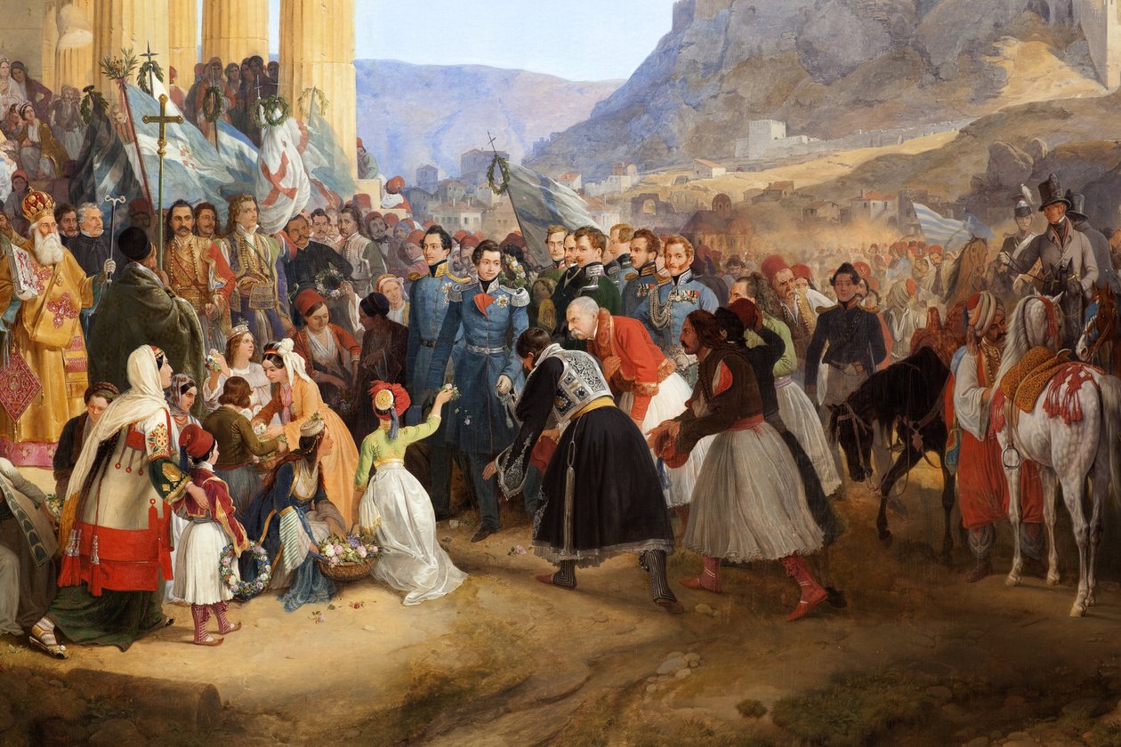 Wjazd greckiego króla Otona I (1815-1876) do Aten, witany przez tłum przed świątynią Hefajstosa (Hefajstosa) (Hefajstosa) lub Tejonu na Agorze (Grecja) autorstwa Peter von Hess