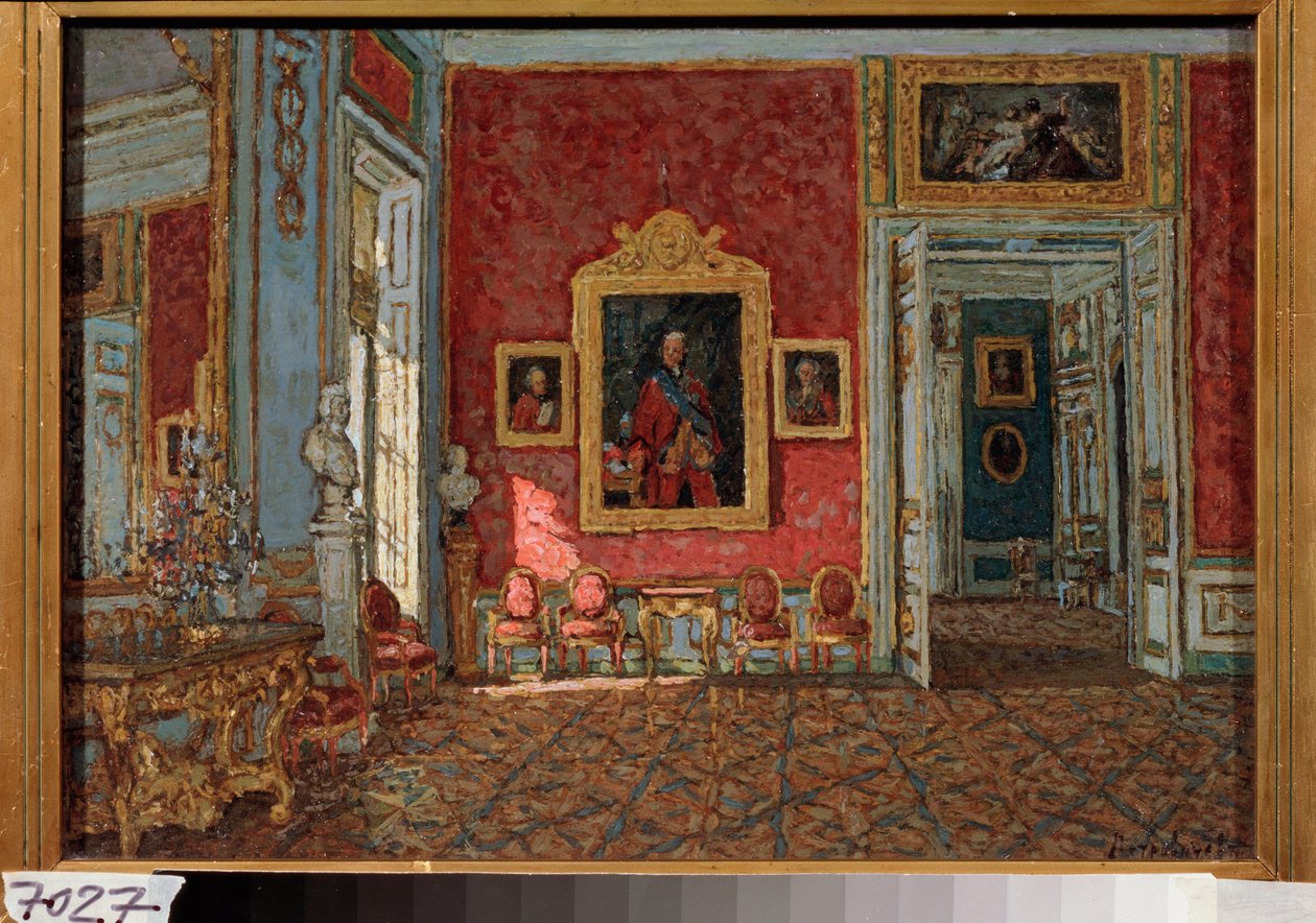 Karmazynowy salon w pałacu Kuskovo (Moskwa, Rosja) - Fioletowy salon w pałacu Kuskovo - Malarstwo Piotra Iwanowicza Pietrowiczewa (Piotr Pietrowiczew) (1874-1947), olej na płótnie autorstwa Petr Ivanovic Petrovichev