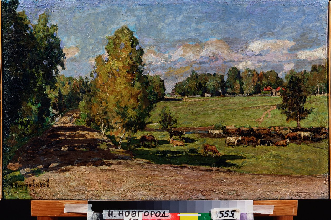 Odpoczynek na łące. (Stado bydła w pobliżu strumienia, przechodzące przez pastwisko). Praca Piotra Iwanowicza Pietrowiczewa (Piotr Pietrowiczew) (1874-1947), olej na tekturze autorstwa Petr Ivanovic Petrovichev
