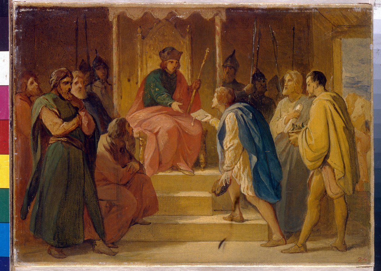 Wielki Książę Andriej Bogolubski (1111-1174) przyjmuje rzemieślników wysłanych przez cesarza Niemiec Fryderyka I Hohenstaufów zwanego Barbarossą (1122-1190) (Wielki Książę Andriej Bogolubski przyjmuje rzemieślników wysłanych przez cesarza autorstwa Petr Vasilievich Basin