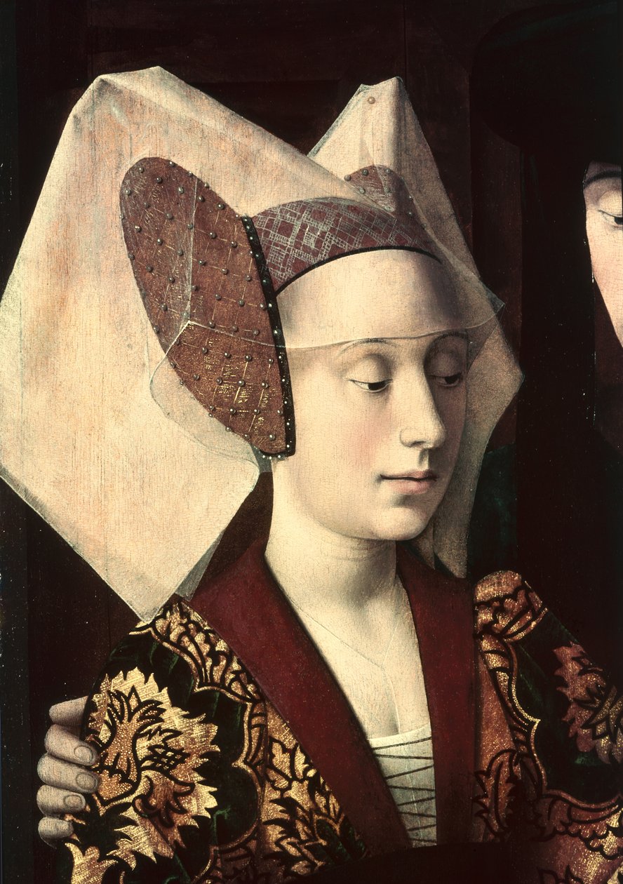 Św. Eligiusz (ok. 588-660) jako złotnik pokazujący narzeczony pierścionek, szczegół narzeczonej, 1449 autorstwa Petrus Christus