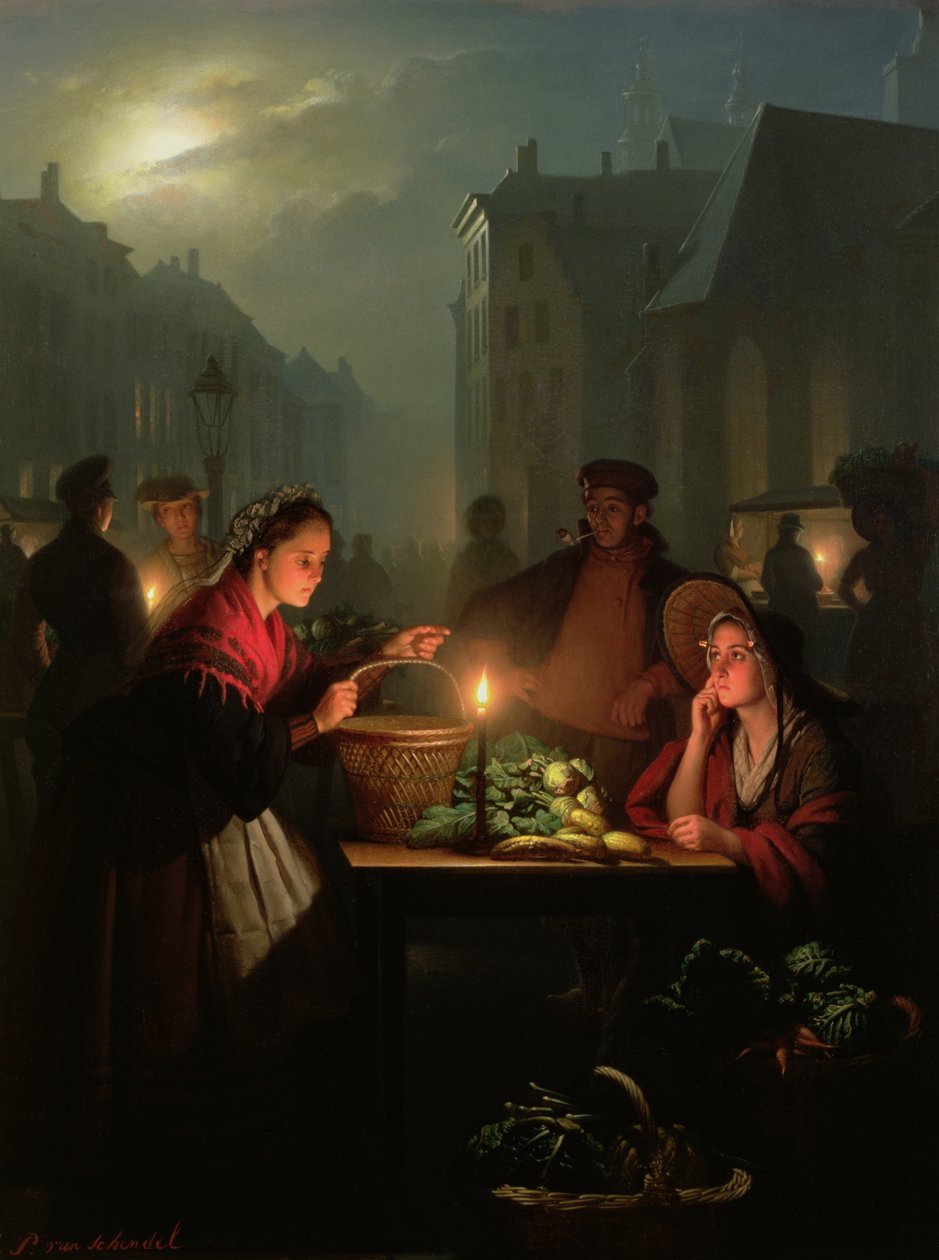 Nocny stragan z warzywami autorstwa Petrus van Schendel