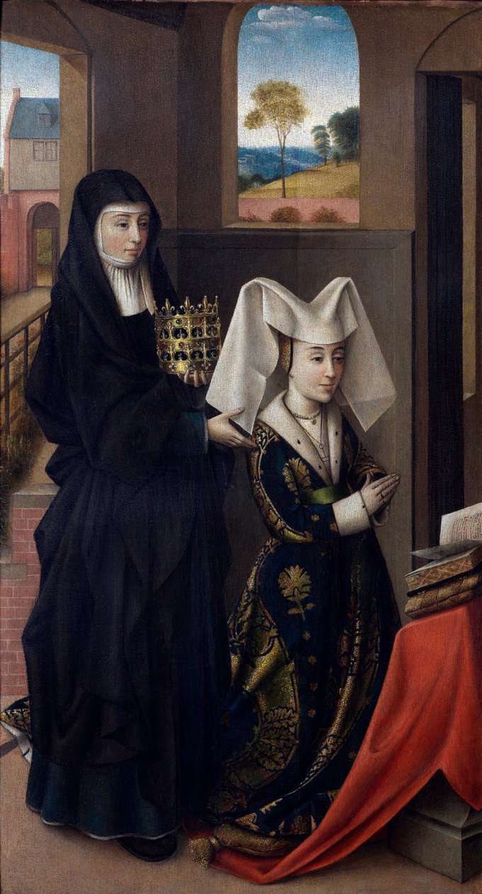 ""Portret Izabeli Portugalskiej (1397-1471) przedstawiony ze Świętą Elżbietą"" (Izabela Portugalska ze Świętą Elżbietą) Obraz Petrus Christus (1410/20-1475/76) - 1457-1460 - Olej na desce Wym. 59x33 cm Groeningemuseum, Brugia autorstwa Petrus Christus