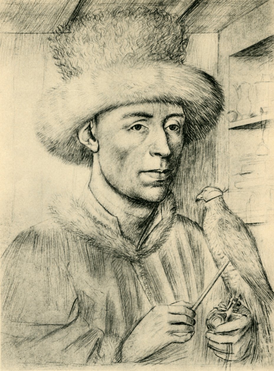 Portret mężczyzny z sokołem, c1447, 1943. autorstwa Petrus Christus