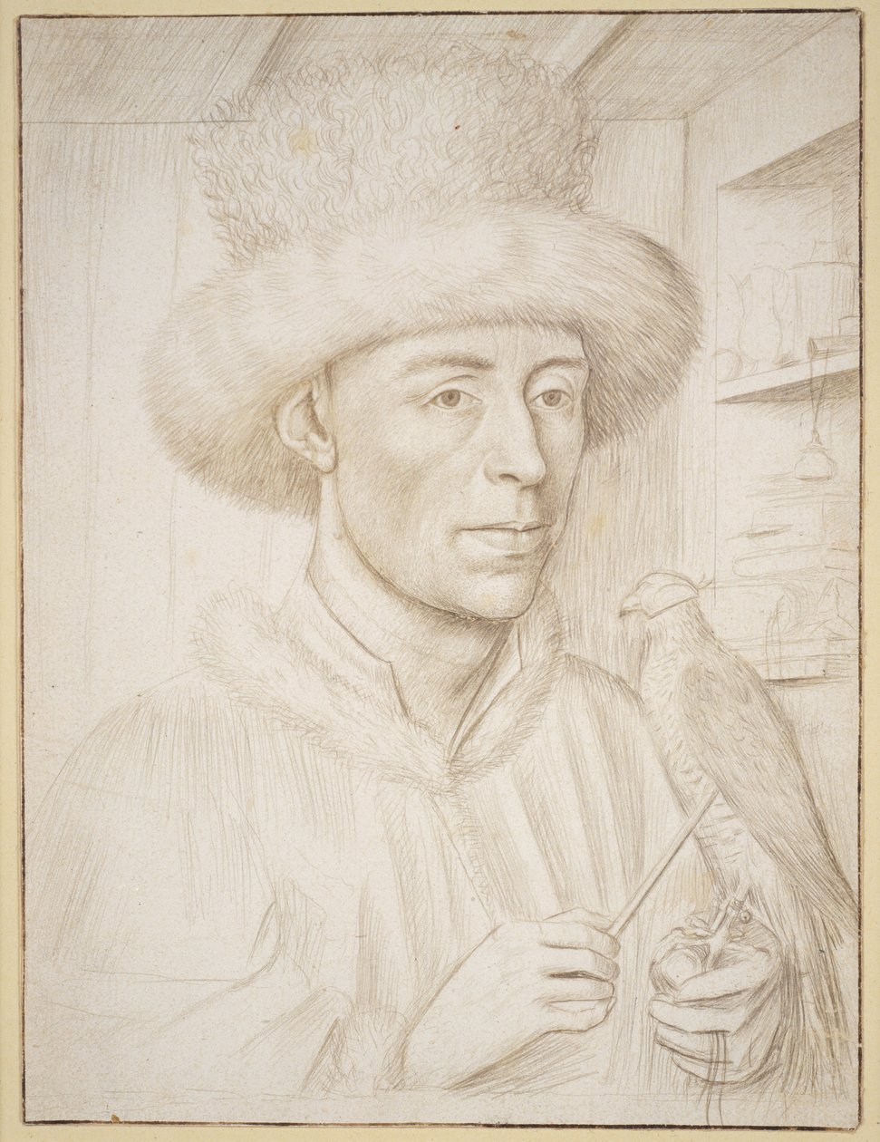 Sokolnik, ok. 1445-50 (silverpoint z brązowym tuszem na papierze) autorstwa Petrus Christus