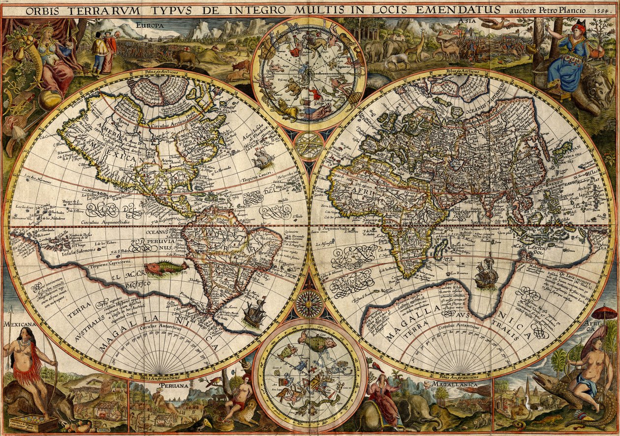 Orbis Terrarum Typus... (Dwupółkulowa mapa świata) autorstwa Petrus & Doetichum Jan van younger Plancius