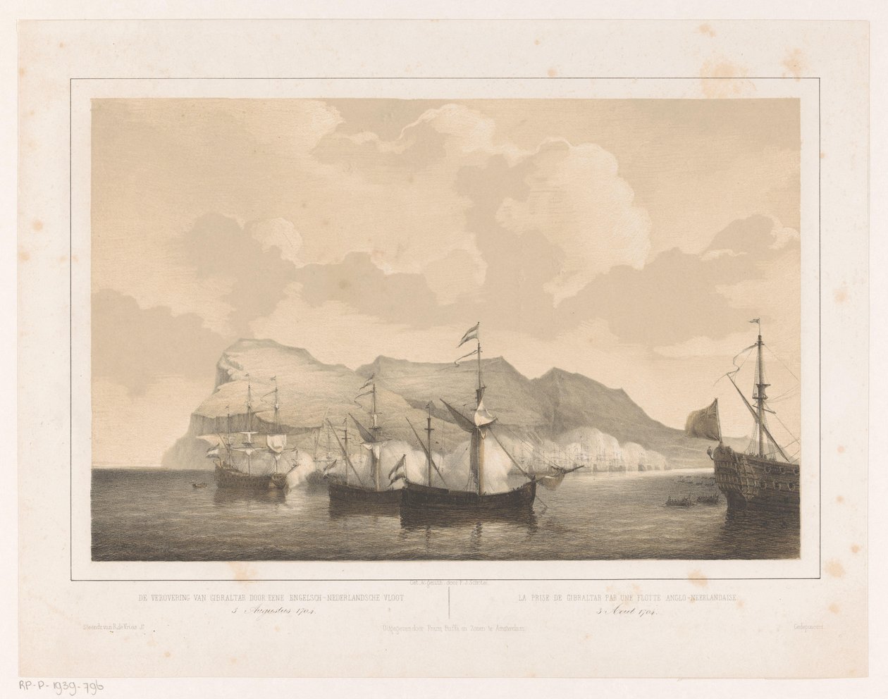 Podbój Gibraltaru Podbój Gibraltaru przez flotę angielsko-holenderską 3 sierpnia 1704 / La prize de Gibraltar par un flotte Anglo-Neerlandaise (tytuł na obiekcie) autorstwa Petrus Johannes Schotel