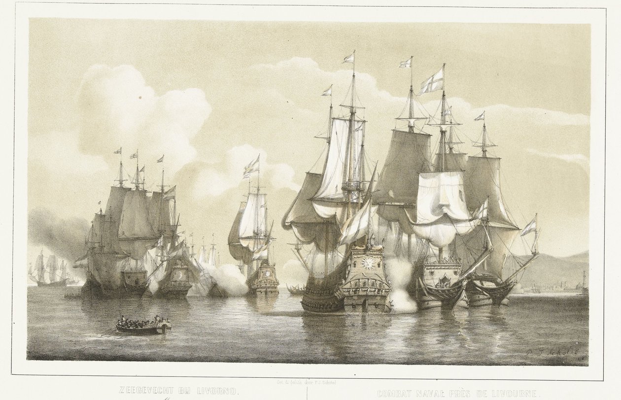 Bitwa morska pod Livorno, 1653 Bitwa morska pod Livorno. 14 marca 1653 / Presa marynarki wojennej z Livourne. 14 marca 1653 (tytuł na obiekcie) autorstwa Petrus Johannes Schotel