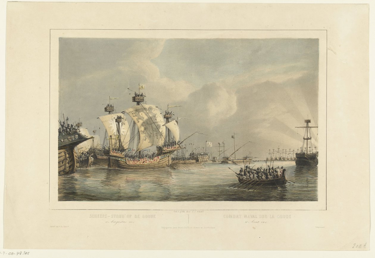 Bitwa pod Gouwe, 1304 Bitwa morska na Gouwe 11 sierpnia 1304 / Combat naval sur la Goude 11 Aout 1304 (tytuł na obiekcie) autorstwa Petrus Johannes Schotel