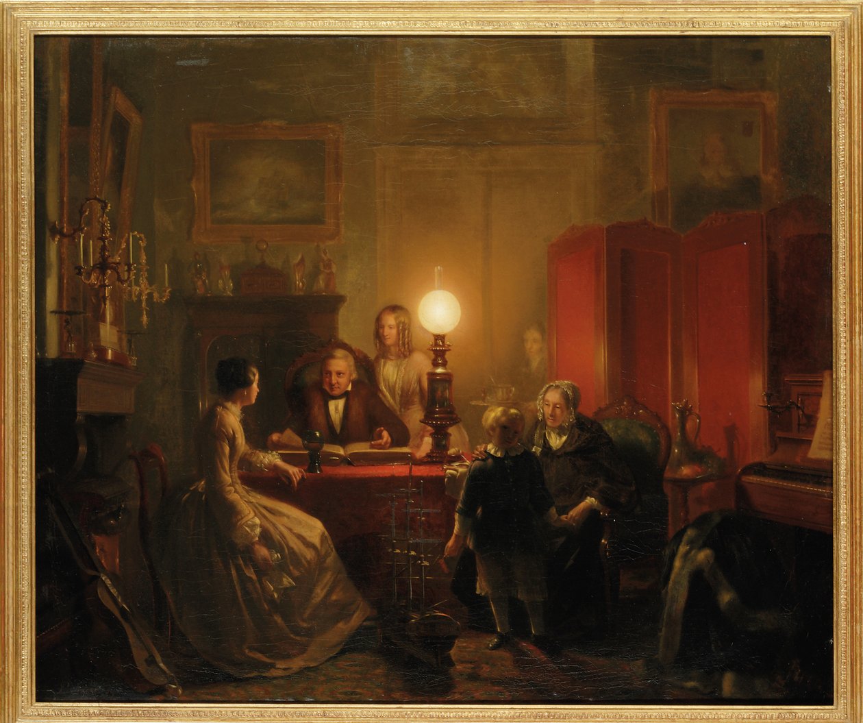 Rodzina zebrana wokół stołu oświetlonego lampami, 1854 autorstwa Petrus Kiers