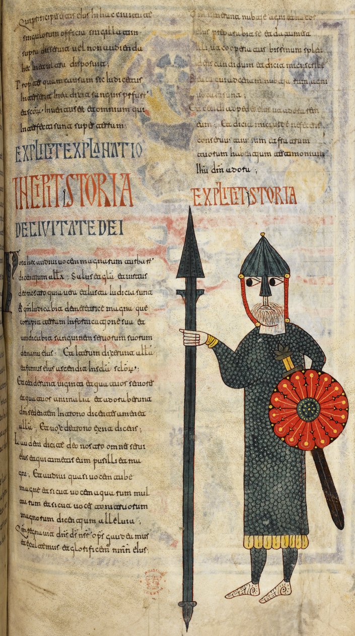 Wizygocki żołnierz ubrany w kolczugę do kolan i legginsy, ilustracja z „Beatus of Liébana” autorstwa Petrus Petrus