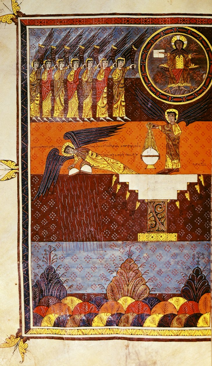 f.126 Siedmiu aniołów z trąbami, z Apokalipsy Błogosławionej z Santo Domingo de Silos autorstwa Petrus Petrus