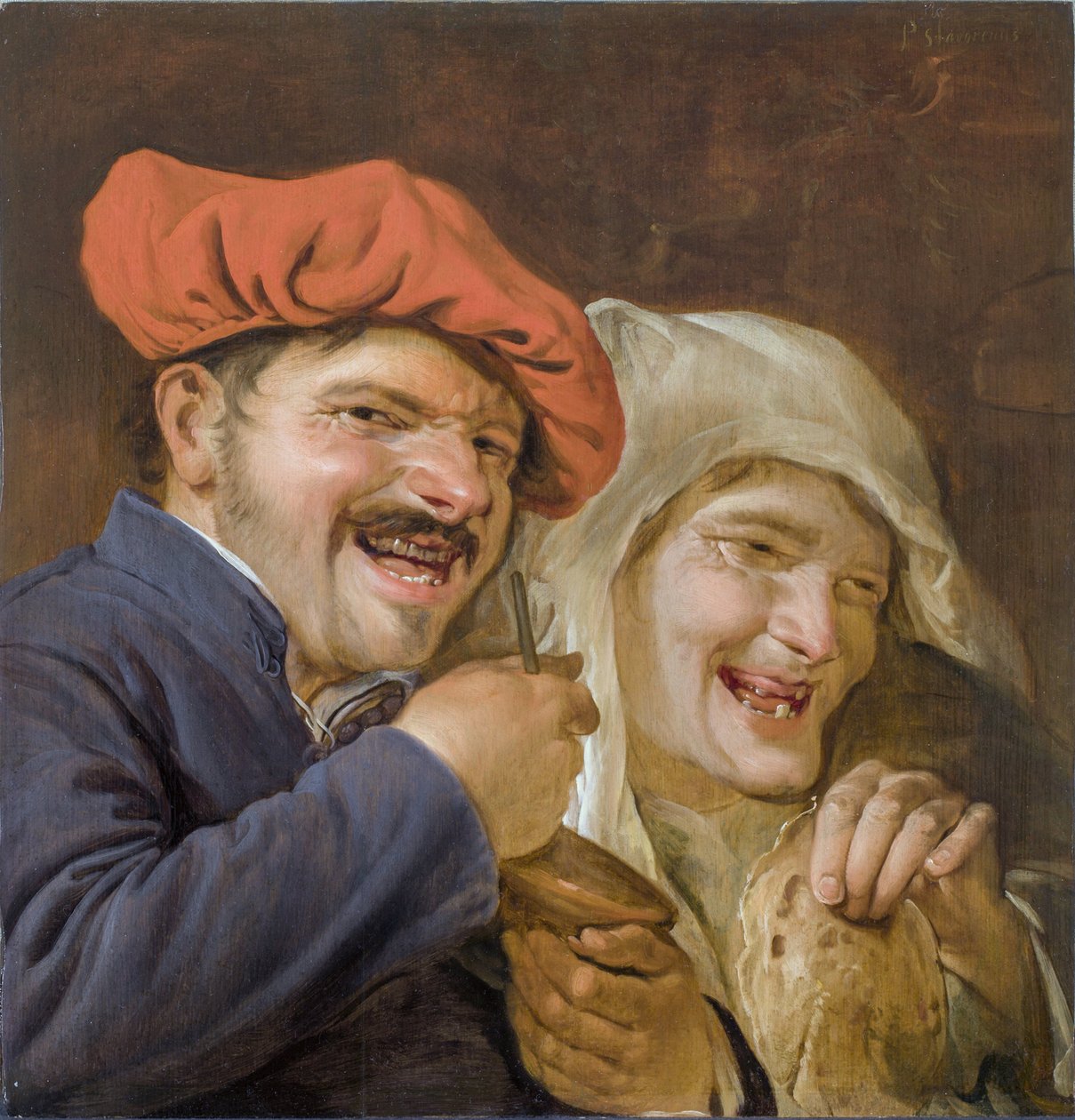 Rommelpot Player (Friction Drum) - Rommelpot Player firmy Staverenus, Petrus (aktywny 1634-1654). olej na drewnie autorstwa Petrus Staverenus