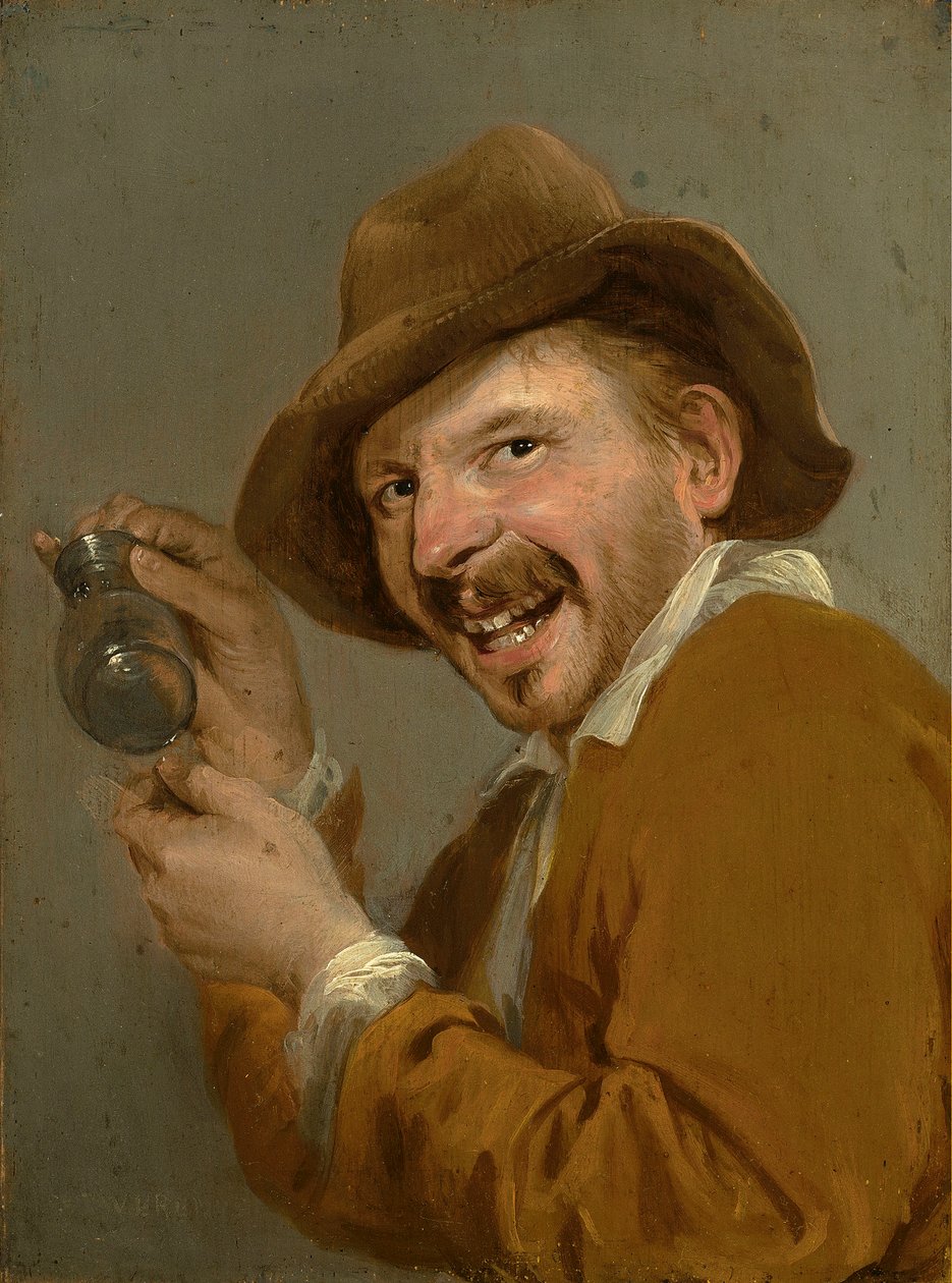 Smak: Roześmiany mężczyzna z odwróconą szklanką. Z cyklu Personifikacje Pięciu Zmysłów, ok. 1635-66 (olej na drewnie) autorstwa Petrus Staverenus