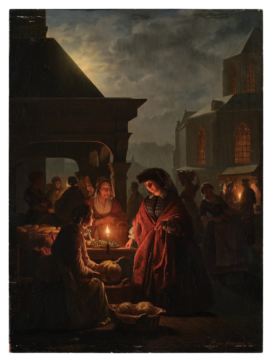 Groenmarkt w Hadze nocą autorstwa Petrus van Schendel