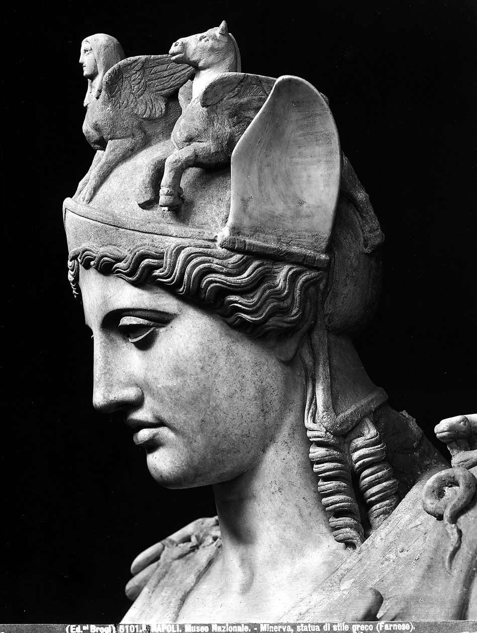 Fragment twarzy Ateny Farnese, rzymska cesarska kopia posągu z brązu ze Szkoły Fidiasza autorstwa Phidias (school of) (after)
