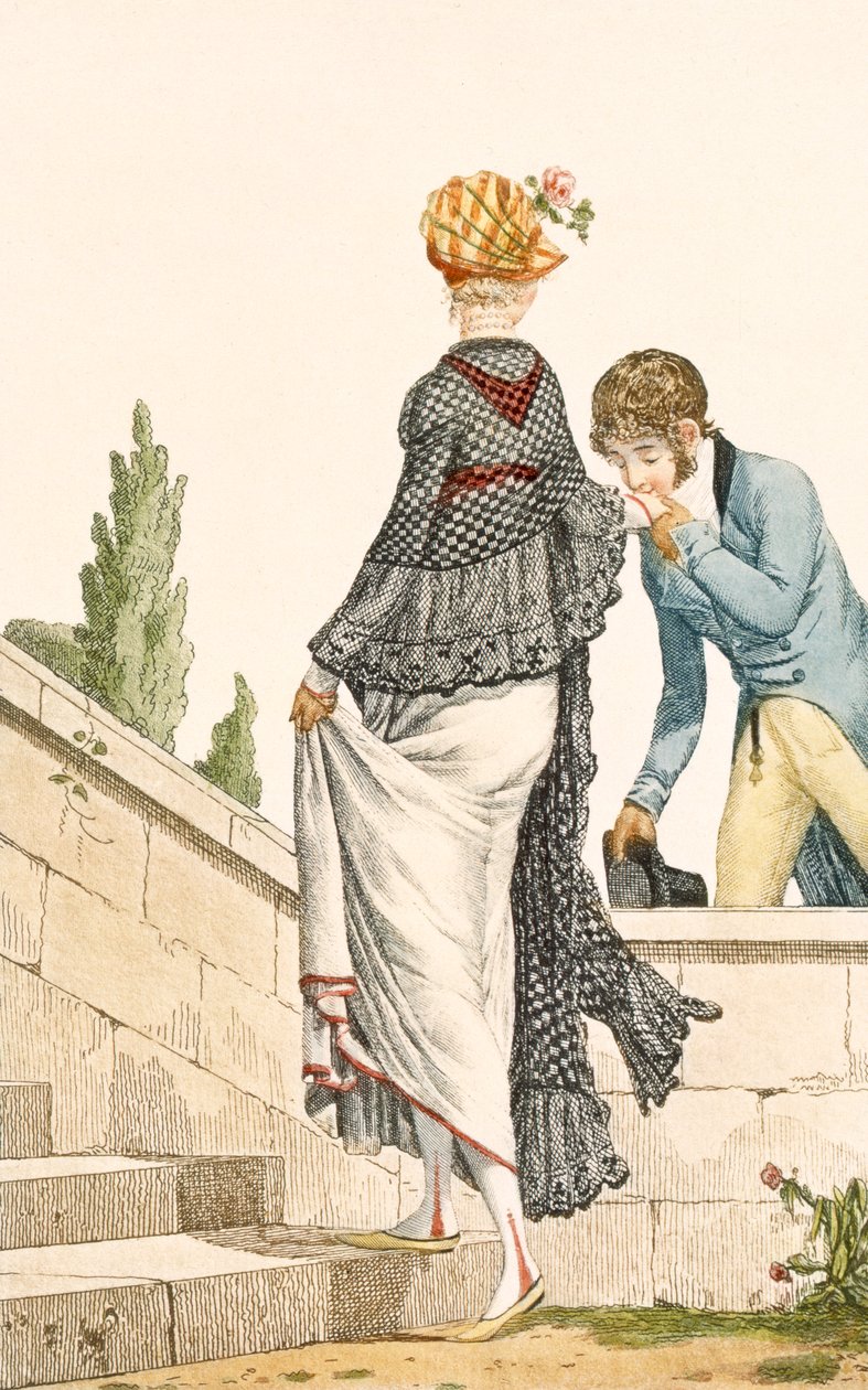 Elegancka sukienka spacerowa dla damy z peleryną w kratkę, 1789, ilustracja z „Modes et Manieres du Jour a Paris” autorstwa Philibert Louis Debucourt