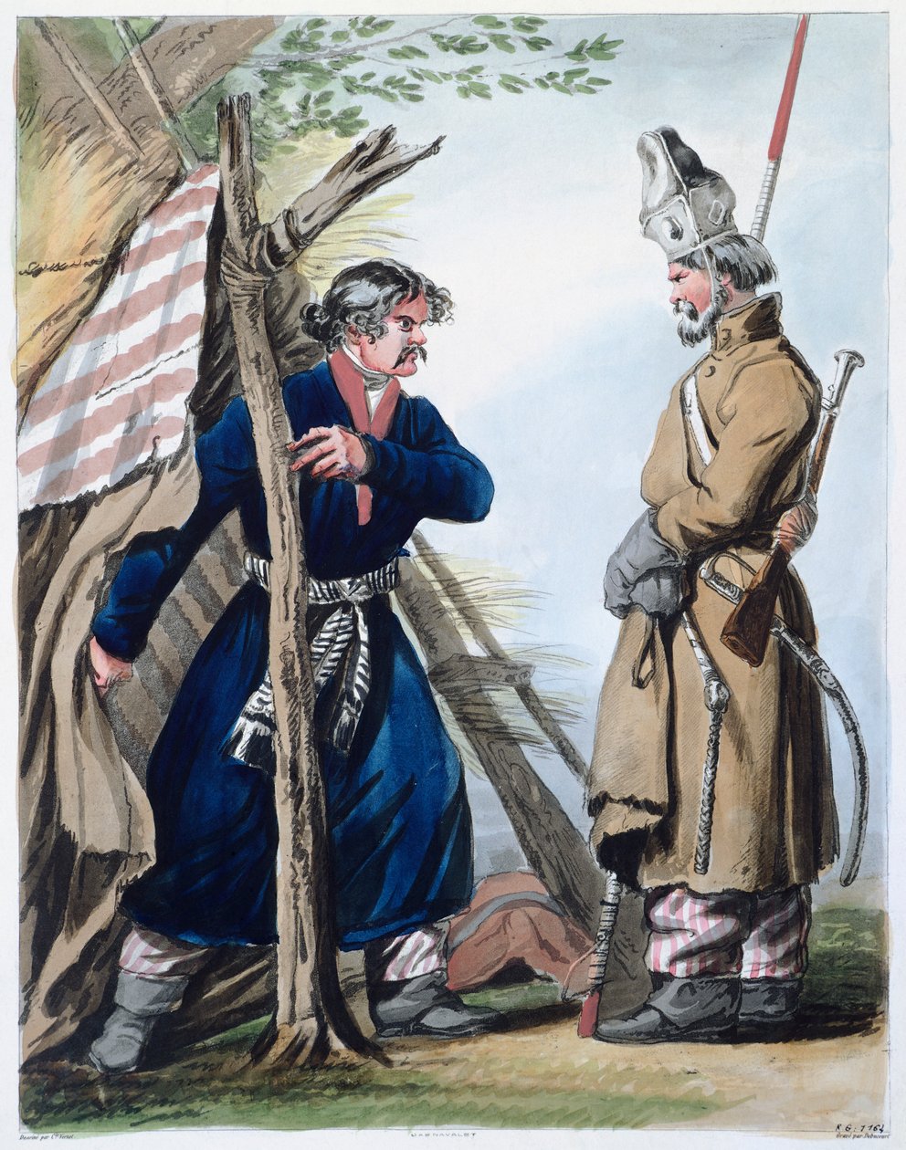 Kozak biwakowy, Louis-Filibert Debucourt Rosja XVIII wiek Print autorstwa Philibert Louis Debucourt