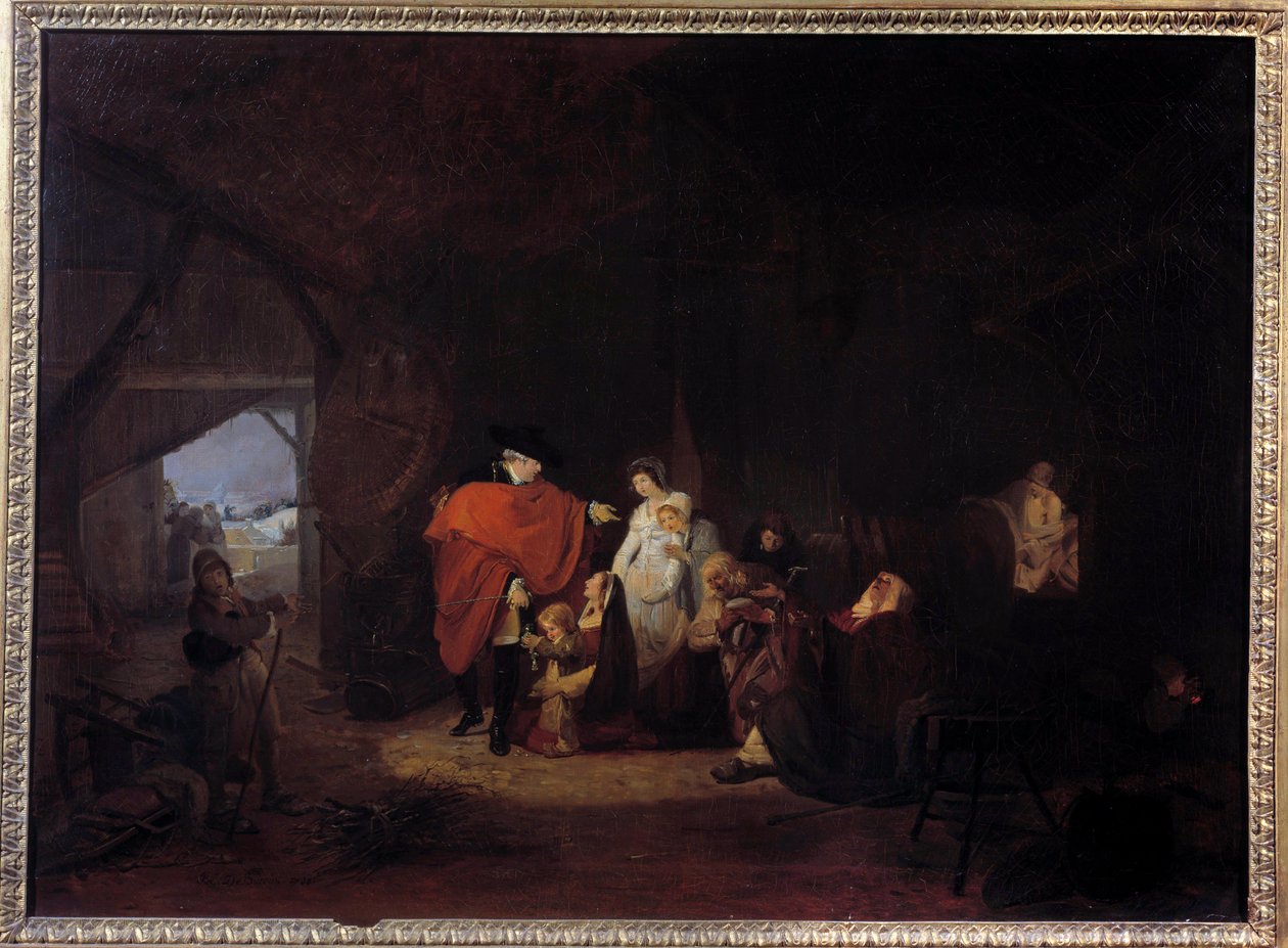 Ludzkość Ludwika XVI: zima 1784 król daje jałmużnę mieszkańcom Wersalu Obraz Louisa Philiberta Debucourta (1755-1832) 1785 nd. 0,61x0,83 m² autorstwa Philibert Louis Debucourt