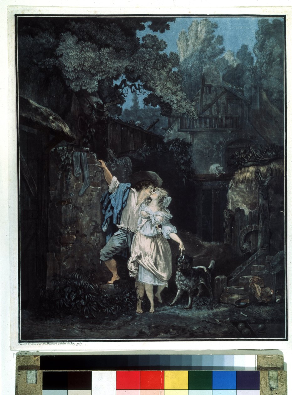 ""Pożegnalny poranek"" (Pożegnalny poranek) Para wyjeżdża wczesnym rankiem. Litografia Philibert Louis Debucourt (1755-1832) 1787 Muzeum Puszkina Moskwa autorstwa Philibert Louis Debucourt