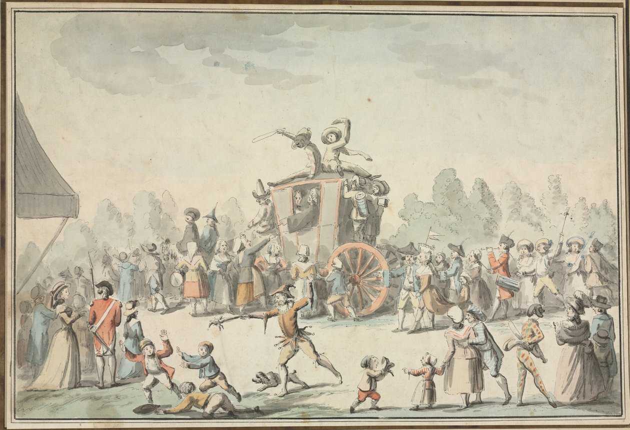 Scène de Carnaval (pióro, czarny tusz i akwarela) autorstwa Philibert Louis Debucourt