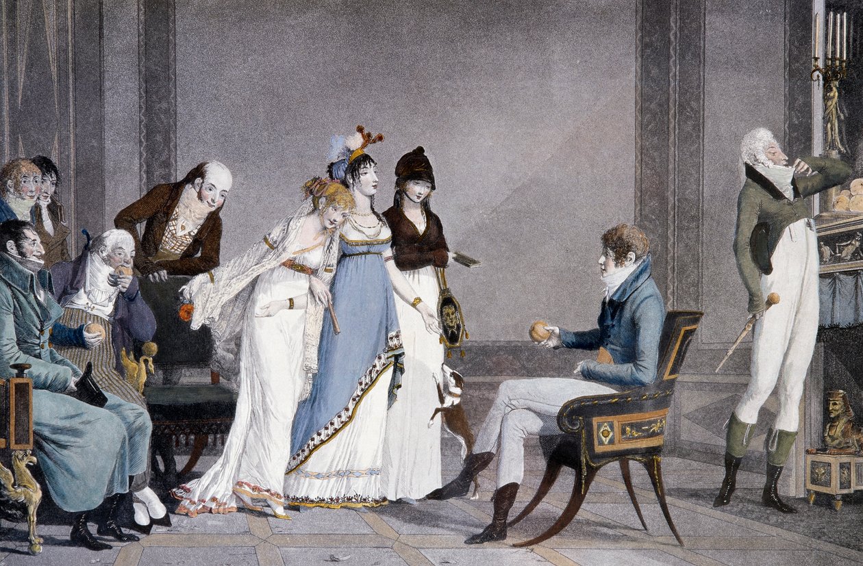 Pomarańcza, Louis-Philibert Debucourt (1755-1832), akwatinta, scena z meblami w stylu etruskim w stylu Directoire, Francja autorstwa Philibert Louis Debucourt