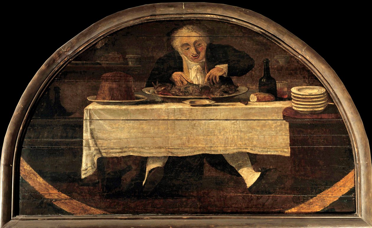 Smakosz uczy Corcelleta o robieniu zakupów w królewskim pałacu. Człowiek zdolny mag talerz ze skorupiakami i owocami morza. Obraz Louisa Philiberta Debucourta (1755-1832) autorstwa Philibert Louis Debucourt