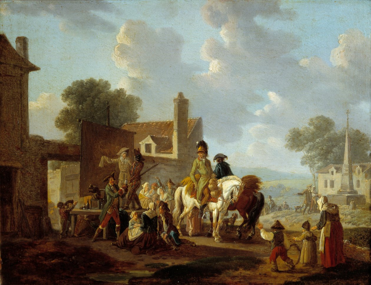 Wieśniacy i jeźdźcy oglądający spektakl teatru pantomimy na ulicach wsi. Obraz Louisa Philiberta Debucourta (1755-1832) XVIII w. Niedz. 0,24x0,31 m² autorstwa Philibert Louis Debucourt