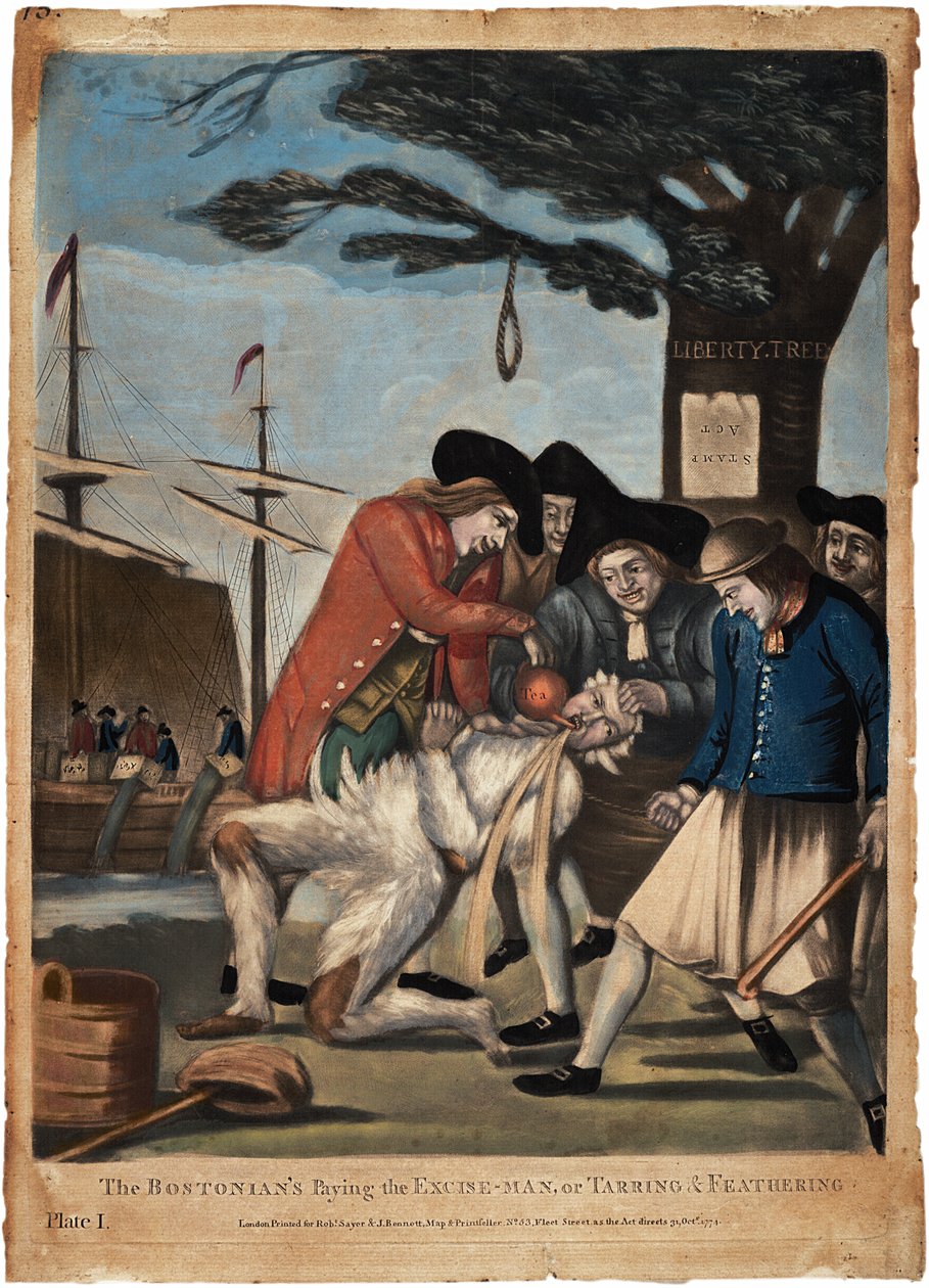 Bostończyk płaci akcyzę-man, czyli smoła i pierza, 1774 (ręcznie kolorowane grawerowanie) autorstwa Philip Dawe