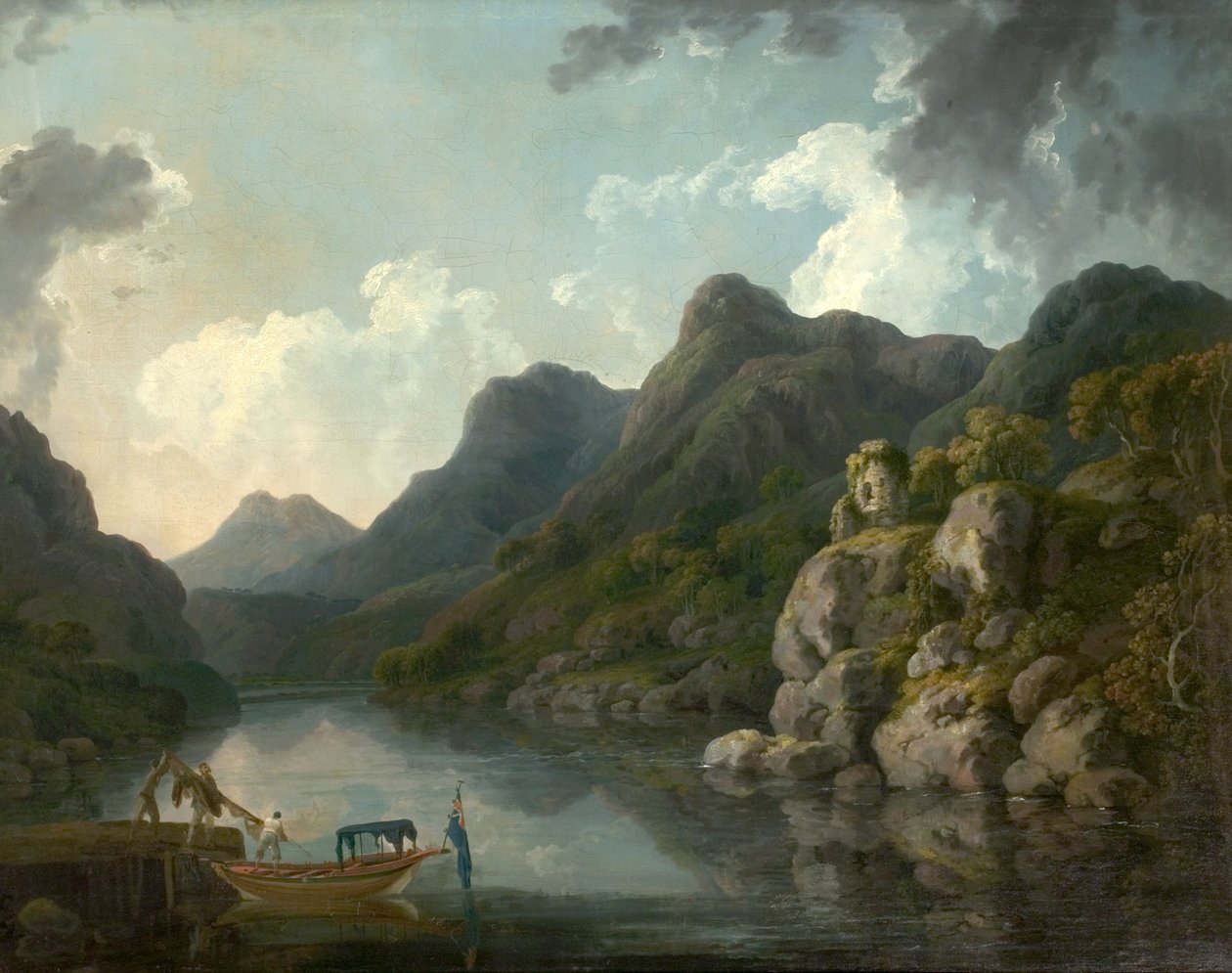 Widok Snowdon z zamkiem Dolbardarn z Llanberis, Północna Walia, 1787 autorstwa Philippe Jacques de Loutherbourg