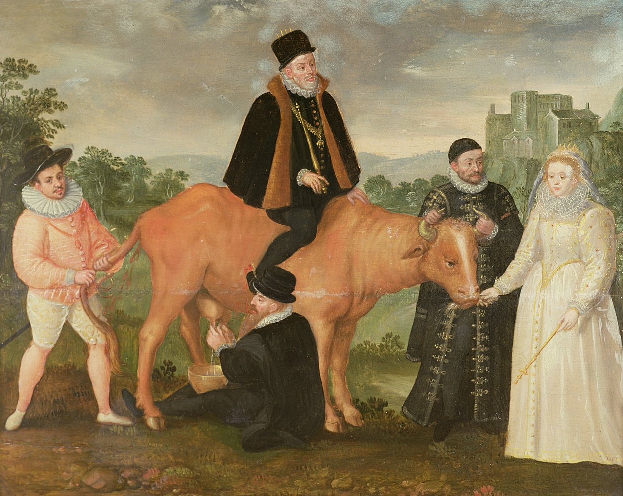 Portret Filipa II (na krowie), księcia Alencon, księcia Alby, Wilhelma Orańskiego i królowej Elżbiety I autorstwa Philip Moro