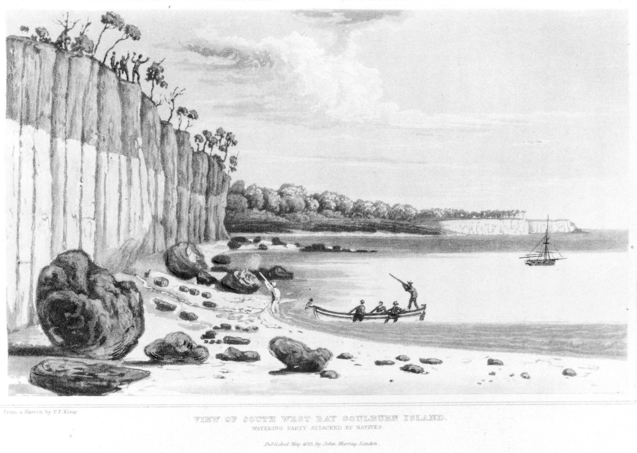 Watering Party zaatakowane przez tubylców w South-West Bay, Goulburn Island, z „Narrative of a Survey of the Intertropical and Western Coasts of Australia” autorstwa P.P. Król, 1827 autorstwa Philip Parker King