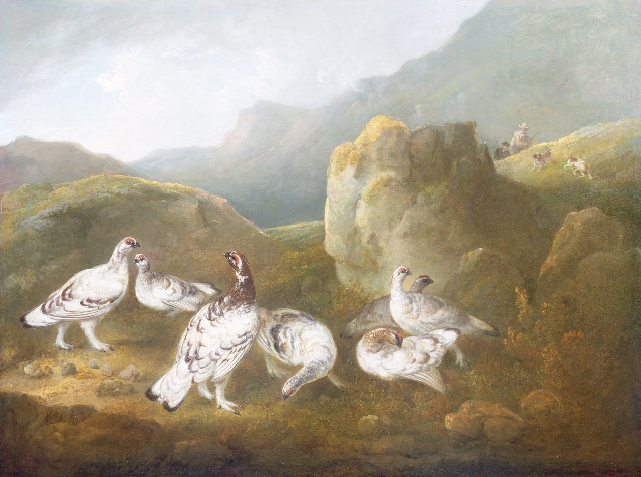 Ptarmigan w górskim krajobrazie, a za nim sportowcy i psy autorstwa Philip Reinagle