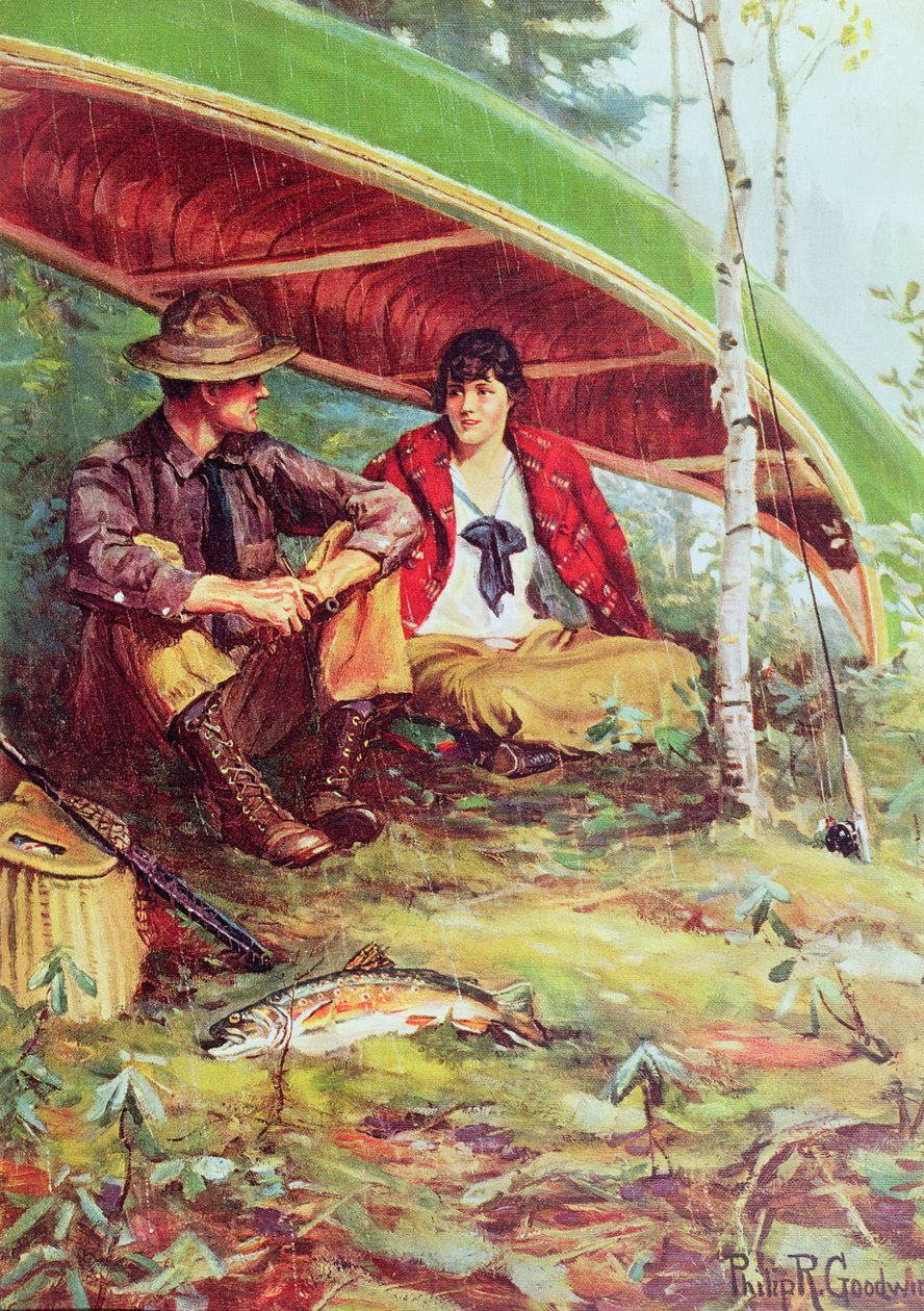 Para chroniąca się przed deszczem pod łodzią autorstwa Philip Russell Goodwin