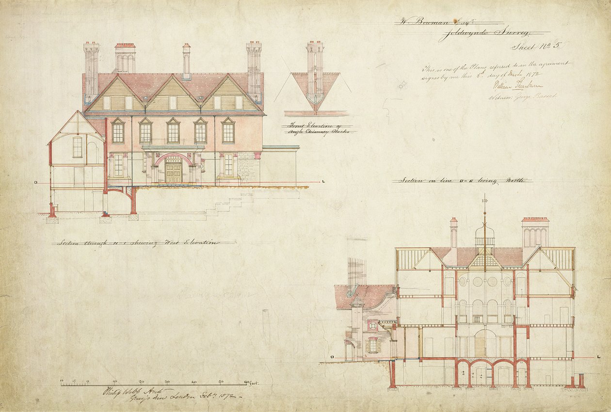 Projekt Joldwyns, Surrey, 1872 (pióro i tusz oraz wc na papierze) autorstwa Philip Webb