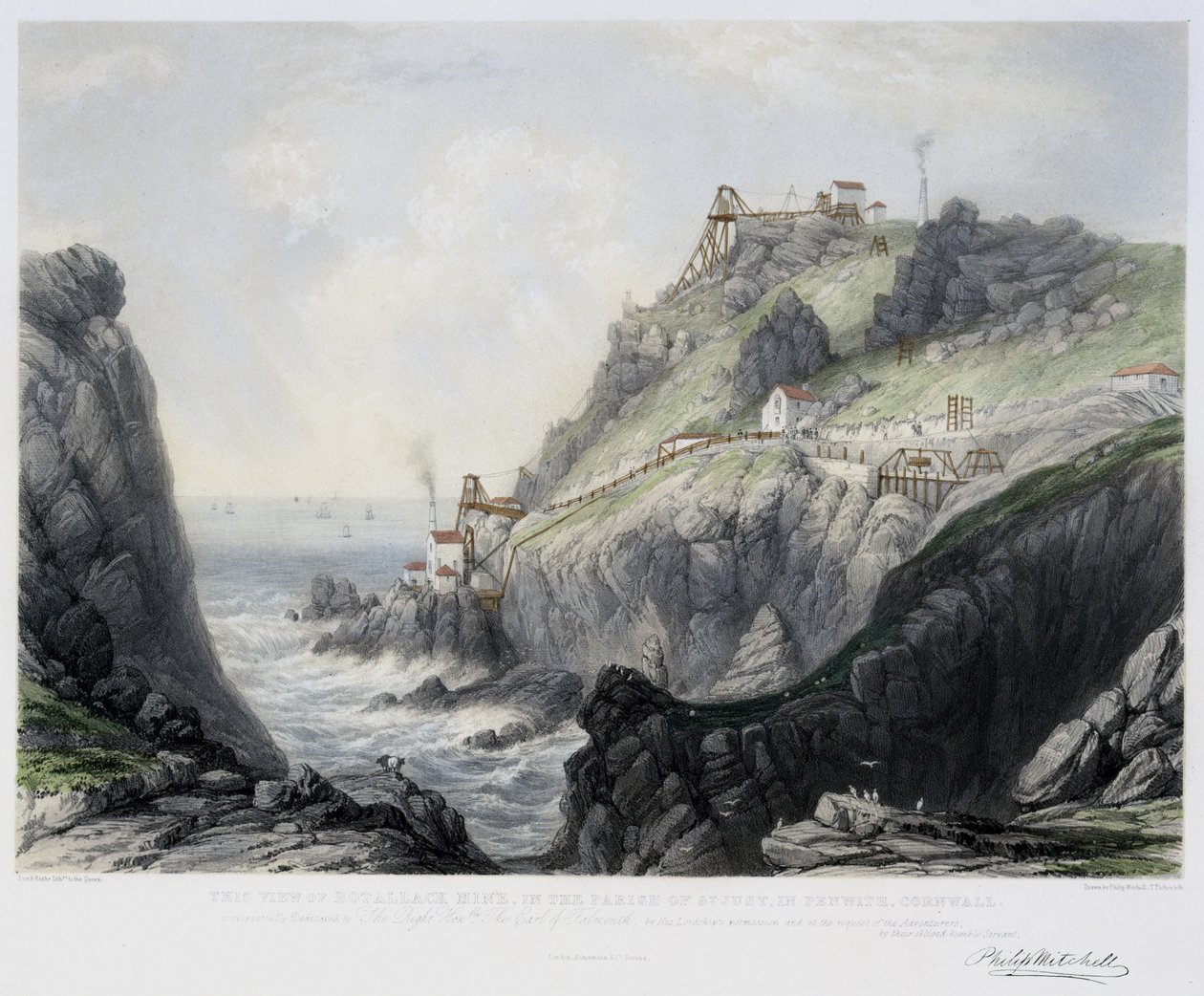 Widok kopalni Botallack w parafii St. Just in Penwith w Kornwalii, grawerowany przez Thomasa Pickena (zm. 1870) 1840 (ręcznie kolorowana litografia) autorstwa Philip after Mitchell