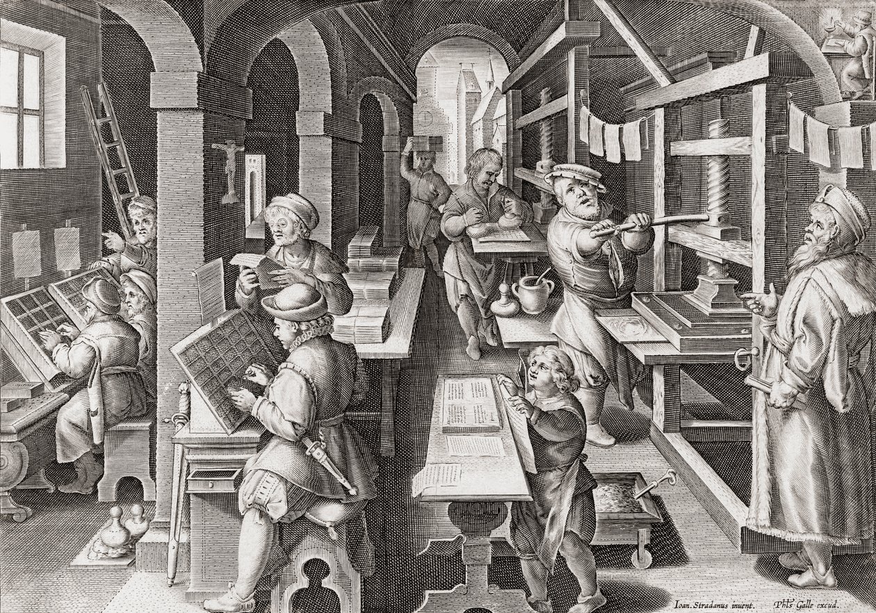 Drukarnia europejska ok. 1590 r. (grafika) autorstwa Philip (after) Galle