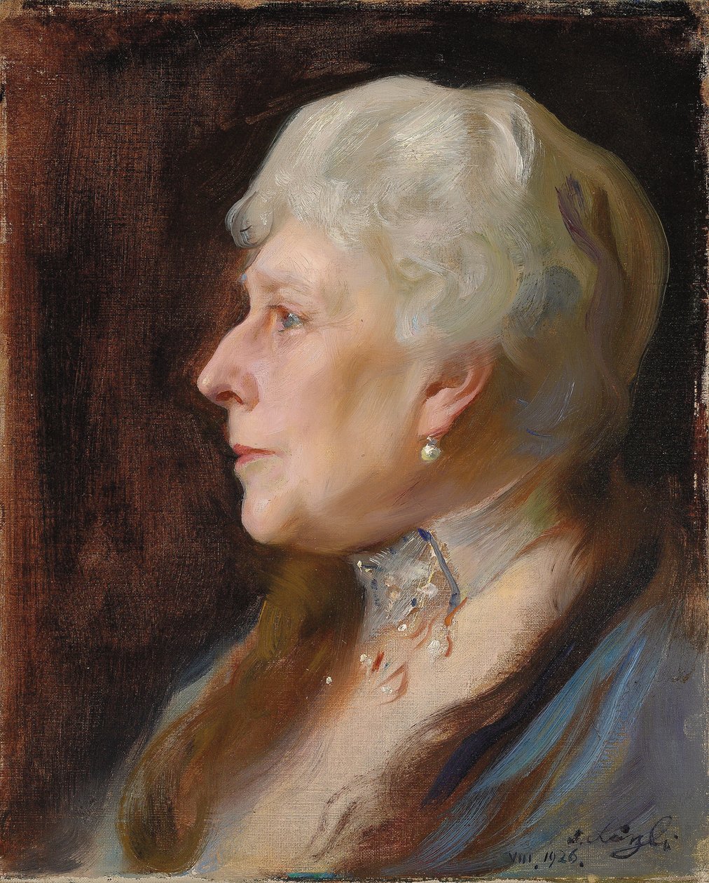 Portret księżnej Henryka z Battenberg z domu księżnej Beatrycze Wielkiej Brytanii, z profilu po lewej stronie, noszącej choker i wiszące kolczyki autorstwa Philip Alexius de Laszlo