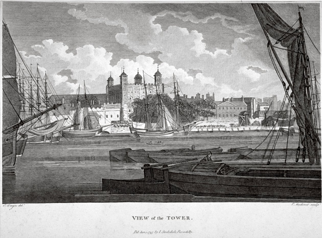Widok na Tower of London z łodziami na Tamizie, ok. 1790 autorstwa Philip Audinet