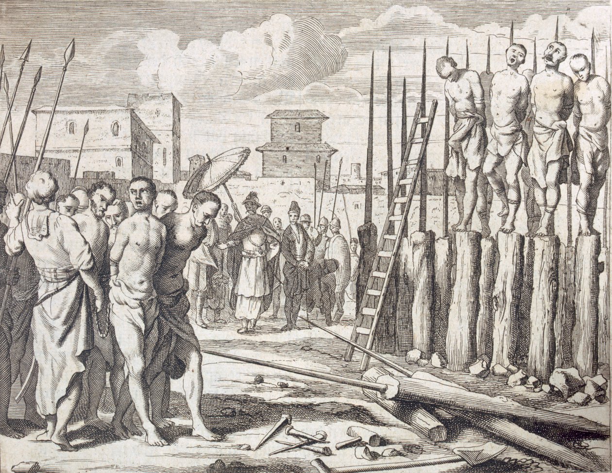 Przebicie niektórych buntowników”, Kara: masakra na palu, wyd. 1672. autorstwa Philip Baldaeus