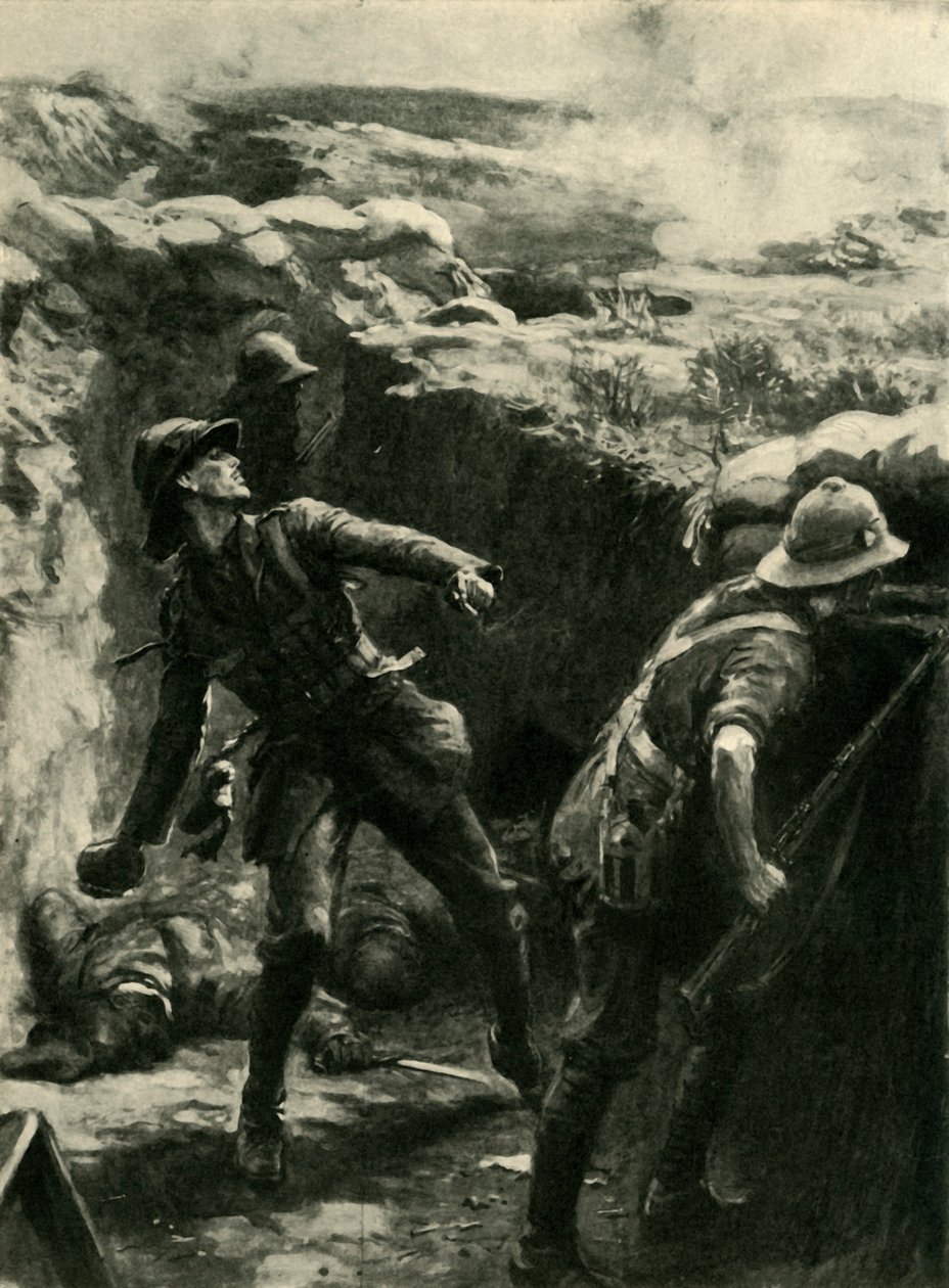 Porucznik Forshaw ciągle rzucający bomby, Gallipoli, I wojna światowa, 1915, ok. 1920. autorstwa Philip Dadd